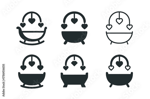 Newborn Care Logos. Newborn care. Set Logo of Newborn care: cradle with heart mobile. harmonious logo variations of the same emblematic concept, each with