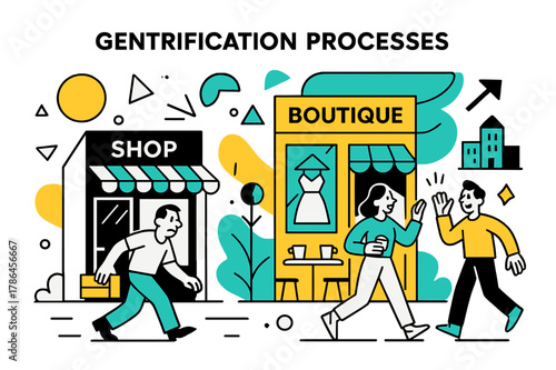 Gentrification Geometry. Gentrification Processes. Cafes and boutiques replacing older shops with floating abstract geometric shapes and urban icons, dynamic