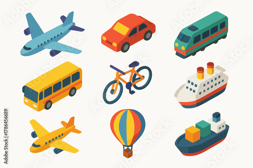 Colorful Travel Icons. travel icons. Colorful isometric vector icons set of travel icons: airplanes, cars, trains, buses, bicycles, ships, hot air balloons
