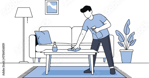 Man Wiping Down Coffee Table in Living Room Home Cleaning Illustration