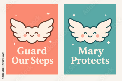 Angelic Banners Design. Angelic Protection. Two vertical A6 banners with safe margins, centered composition, no elements touching edges, kawaii, coral and