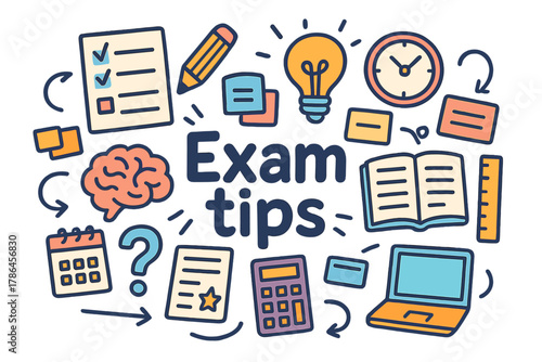 Exam Tips Doodles. Exam tips. Hand-drawn doodle illustration of Exam tips. Checklist, pencil, light bulb,