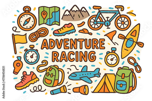 Adventure Racing Elements. Adventure racing. Hand-drawn doodle illustration of adventure racing. Compass, map,