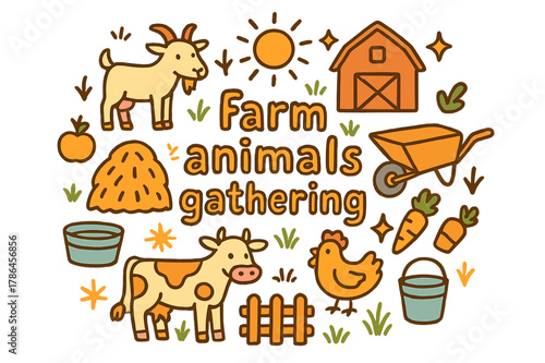 Farm Animal Gathering. Farm animals gathering. Hand-drawn doodle illustration of farm animals gathering. Cow,