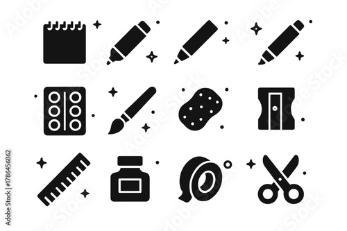 Art Supplies Icons. Art Supplies. Solid icons set of Art Supplies: sketchbook, marker, colored pencil, fineliner, watercolor palette, paintbrush, sponge,