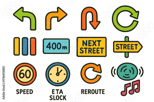 Colorful Navigation Doodles. Turn-by-turn navigation. Colorful Hand-drawn doodle Children illustration Turn-by-turn navigation left turn arrow, right turn