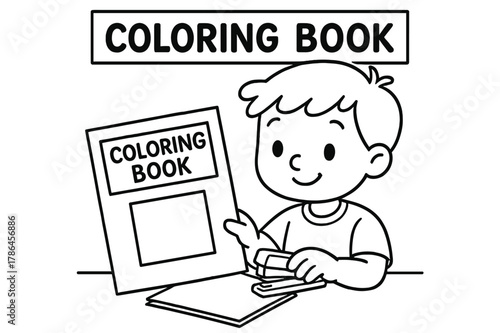 DIY Coloring Book. Make your own book children?s coloring book illustration, outlined drawing, a child stapling simple pages together with a title box and