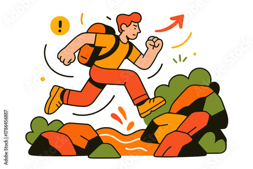 Dynamic Hiker Adventure. Overcoming obstacles. Hiker crossing rocky terrain or small stream; dynamic posture