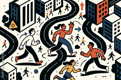 Dynamic Urban Rhythm. City from above. Aerial view of winding roads, skyscrapers, and tiny people moving below