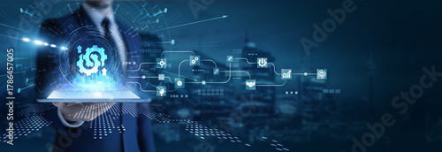 Businessman analyzing using tab data on business integration. System unification, digital transformation, process automation, enterprise workflow, and technology alignment strategies.