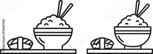 Two bowls of rice with chopsticks and onigiri silhouette