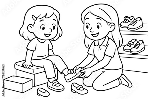 Shoe Fitting Illustration. Shoe fitting children?s coloring book illustration, outlined drawing, child trying