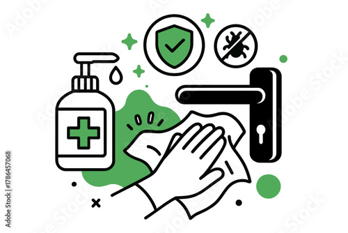 Hygiene Awareness Illustration. Safety first. A hand sanitizer bottle and cloth floating next to a freshly