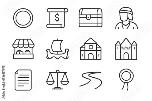 Historical Economics Icons. Economic systems in history. Line icon set of historical economics: coin, tax scroll, chest, merchant, market, ship, guild hall,