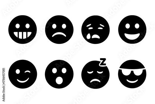 Black Emoji Icons. Emoji set. Filled icon set of emoji set: grin, frown, cry, laugh, wink, shocked, sleepy,