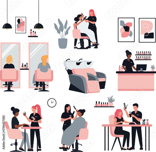 Vector Illustration Set of Modern Hair and Beauty Salon Services and Staff