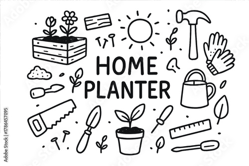 Home Planter Doodles. Home Planter. Hand-drawn doodle illustration of Home Planter. planter box, wooden plank,