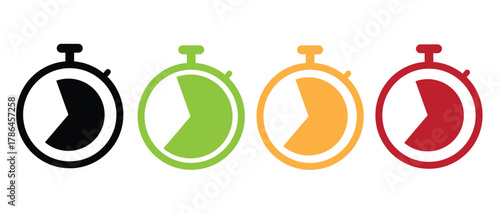 Colorful stopwatch icon set in black, green, orange, and red modern flat timer vector design for countdown, time tracking, deadline, and productivity concepts