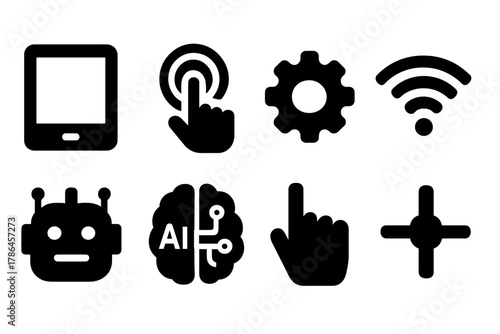 Digital Control Icons. Digital control. Filled icon set of digital control: tablet screen, touch icon, gear,