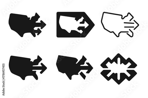 Directional Exit Logos. deportation policies. Set Logo of deportation policies: map with directional exit arrows. Icon set. harmonious logo variations of the