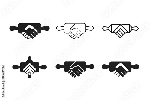 Family Cooking Logos. Cooking together as a family. Set Logo of cooking together as a family: rolling pin with joined hands. Icon set. harmonious