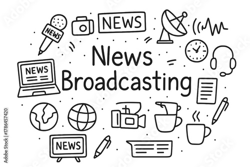 News Doodle Elements. News Broadcasting. Hand-drawn doodle illustration of News Broadcasting. microphone,
