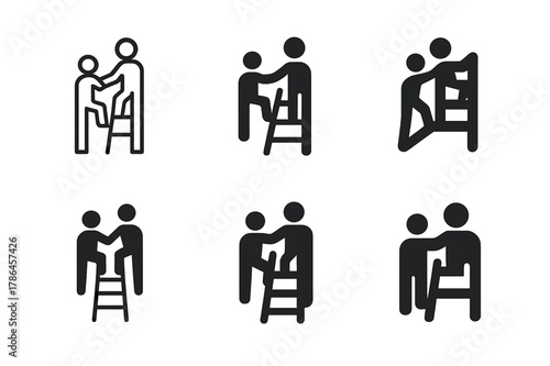Mentorship Logo Variations. Workplace mentorship and coaching. Set Logo of workplace mentorship and coaching: ladder of success with guiding figure. Icon set.