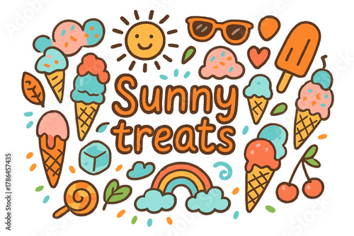 Sunny Treats Doodle. Sunny treats. Hand-drawn doodle illustration of Sunny treats. Ice cream cones, melting