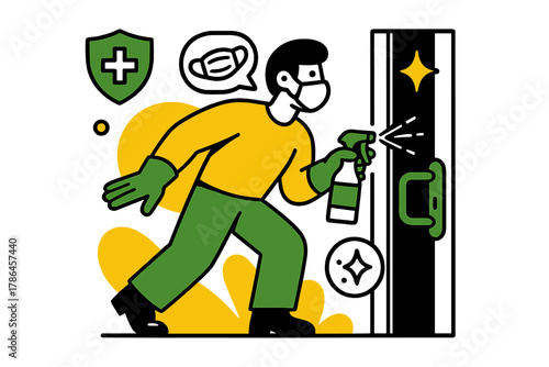 Disinfectant Safety Protocols. Public safety cleaning. A person sprays disinfectant on a public building door