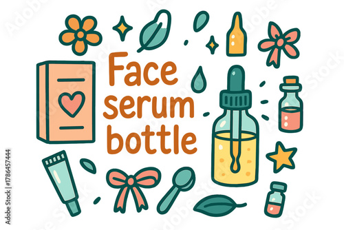 Playful Face Serum Illustration. Face serum bottle. Hand-drawn doodle illustration of Face serum bottle. Glass