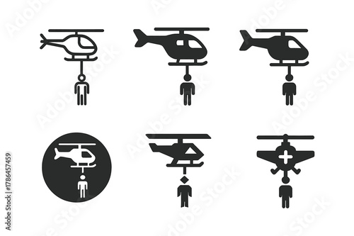 Emergency Services Logos. Emergency services. Icon set. Set Logo of emergency services: rescue helicopter hoist. harmonious logo variations of the same