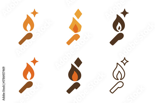 Candle Logo Variations. Candle making with unique scents and colors. Set Logo of Candle making: matchstick and flame spark. Icon set. harmonious logo