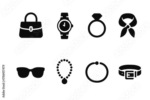 Luxury Fashion Icons. Luxury fashion accessories. Filled icon set of luxury fashion accessories: designer