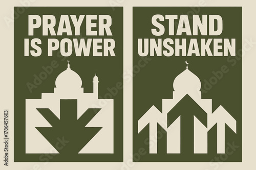 Fortress of Prayer. Fortress of Prayer. Two vertical A6 banners with safe margins, centered composition, no elements touching edges, brutalist, olive green and