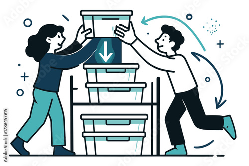 Dynamic Container Arrangement. Stacking containers. A side view of shelves with transparent bins, glowing