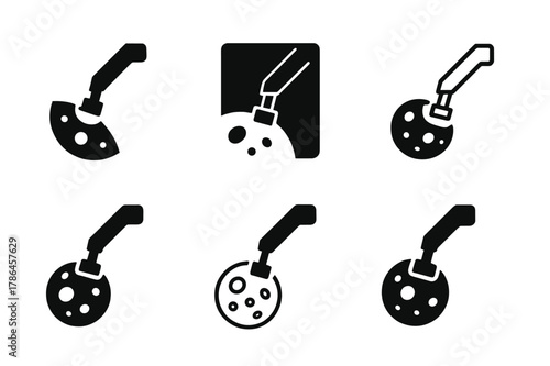 Asteroid Study Logos. Asteroid belt studies. Icon set. Set Logo of Asteroid belt studies: regolith sampling arm touching surface. harmonious logo variations of