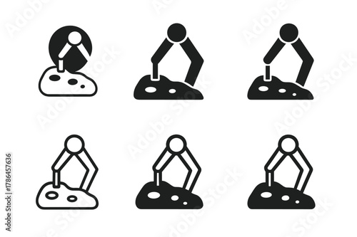 Asteroid Study Logos. Asteroid belt studies. Icon set. Set Logo of Asteroid belt studies: regolith sampling arm touching surface. harmonious logo variations of