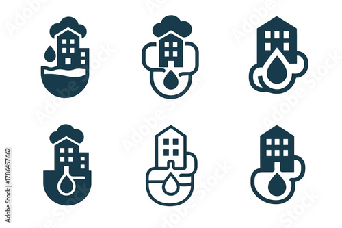 Urban Solutions Logos. Innovative solutions for urban living. Icon set. Set Logo of innovative solutions for urban living: rainwater harvesting and greywater