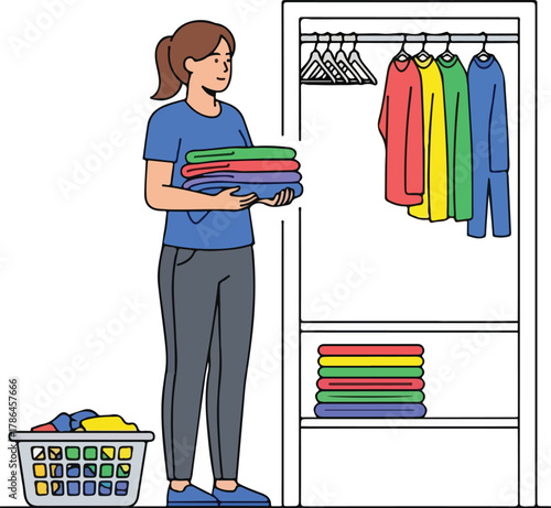 Woman Folding and Organizing Laundry Putting Clean Clothes Away in Wardrobe Closet