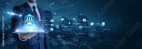 Businessman analyzing using tab data on e-governance. Digital administration, citizen services, online transparency, public sector innovation, and government IT solutions.