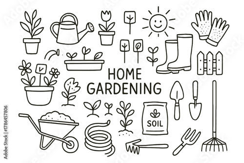 Home Gardening Essentials. Home Gardening. Hand-drawn doodle illustration Home Gardening potted plants, flowers, watering can, gloves, trowel, shovel, garden