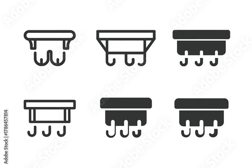 Hook Rail Icons. Adding hooks or racks for bags, hats, or coats. Set Logo of Adding hooks or racks for bags, hats, or coats: entryway hook rail with top shelf.