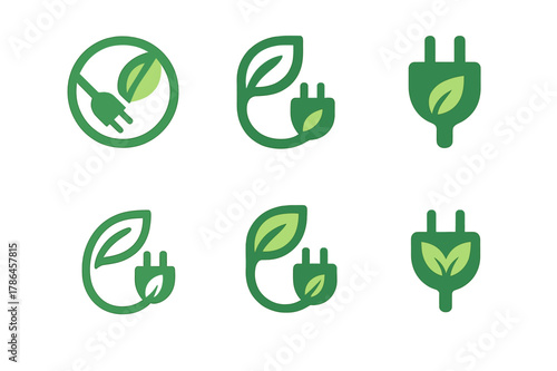 Sustainable Energy Icons. Sustainable energy startups. Icon set. Set Logo of Sustainable energy startups: EV charging plug. harmonious logo variations of the