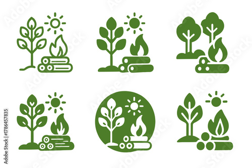 Rural Energy Icons. Renewable energy in rural areas without technology dependence. Set Logo of renewable energy in rural areas without technology dependence: