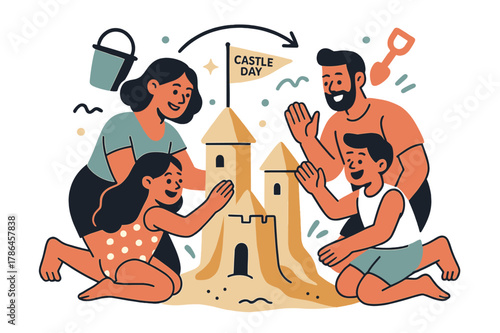 Family Sandcastle Fun. Beach Vacation ? Family Sandcastle. Hands pat smooth towers; a tiny flag reads ?castle day?. Bucket and shovel icons arc in a tidy loop.