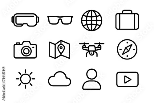 Immersive Travel Icons. Immersive travel. Line outline icon set of immersive travel: VR headset, AR glasses,