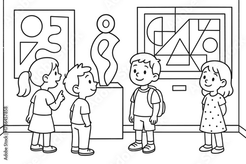 Kids at Art Museum. Modern art museum children?s coloring book illustration, outlined drawing, kids viewing