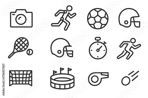 Sports Icon Set. Performance capture. Line icon set of performance capture: camera, athlete running, soccer ball, basketball, tennis racket, football helmet,
