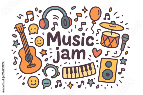 Vibrant Music Jam Doodles. Music jam. Hand-drawn doodle illustration of Music jam. Guitar, drum, headphones,