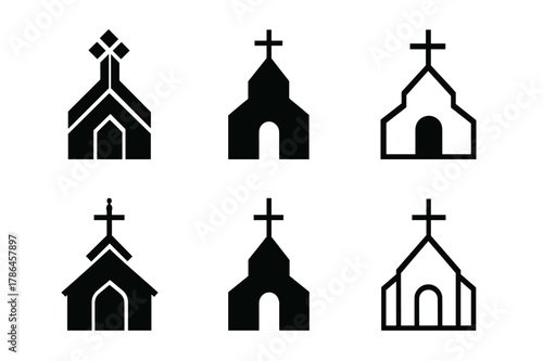 Church Logo Variations. Christian denominations and their beliefs. Set Logo of Church building: steeple and cross silhouette. Icon set. harmonious logo